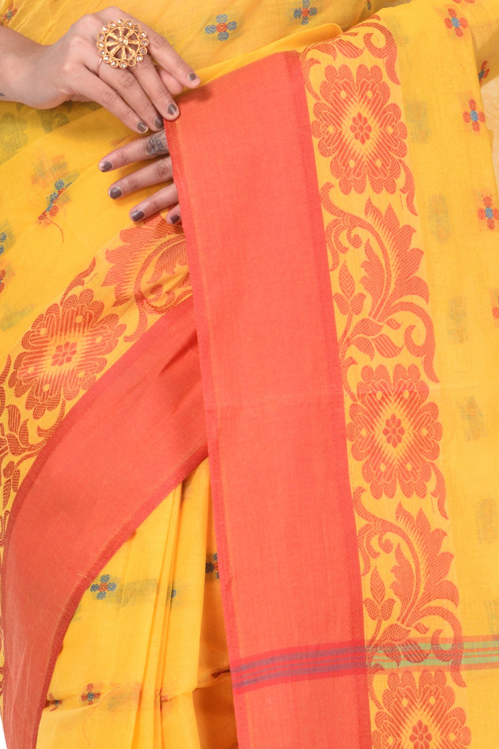 Yellow Pure Cotton Ganga Jamuna_Latapar Tant Saree (654)
